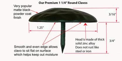 25 Pack of Premium Round Clavos  1 1/4" diameter head, Black Powder Coat finish