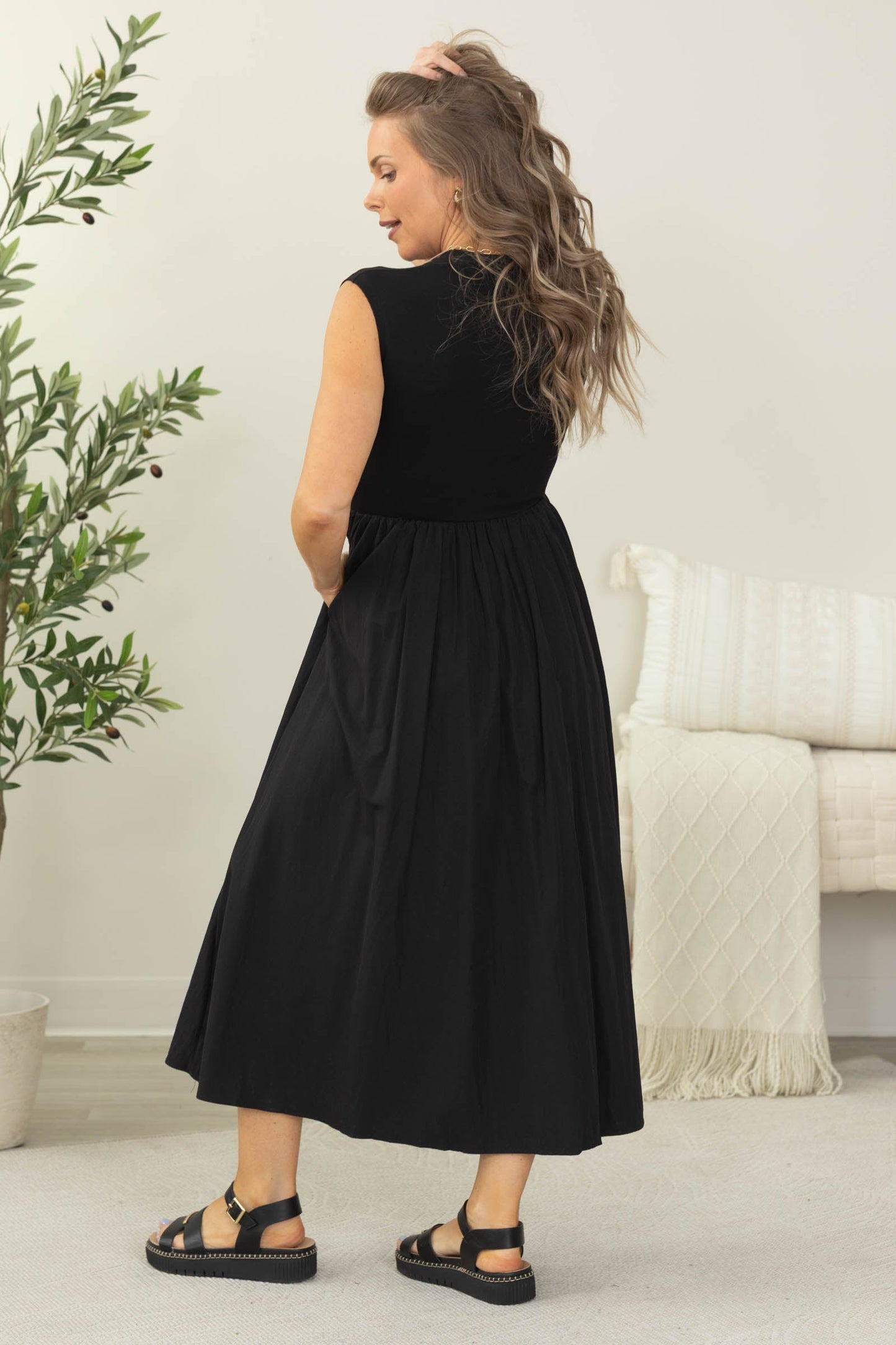 Black Drop Waist Mixed Fabric Dress