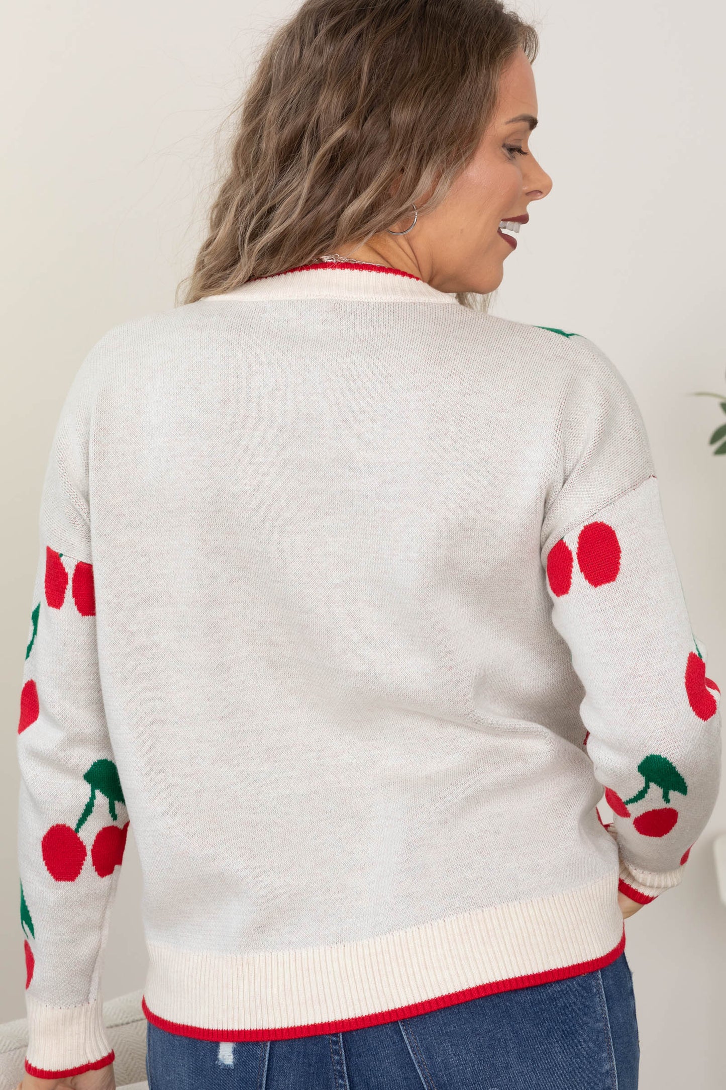 Beige Cherry Pattern Sweater