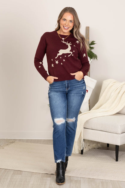 Berry Reindeer Lurex Yarn Pullover Sweater