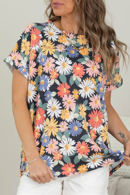 Black Floral Crinkle Textured Knit Top
