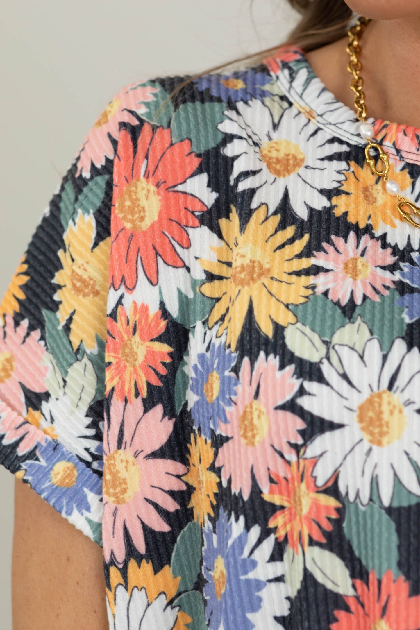 Black Floral Crinkle Textured Knit Top