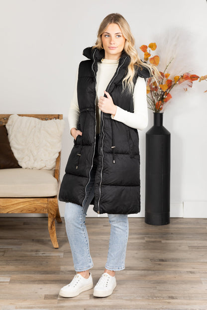 Black Zip Up Hoodie Long Puffer Vest