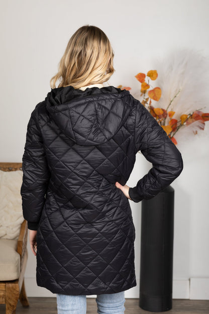 Black Quilted Hooded Zip-Up Jacket