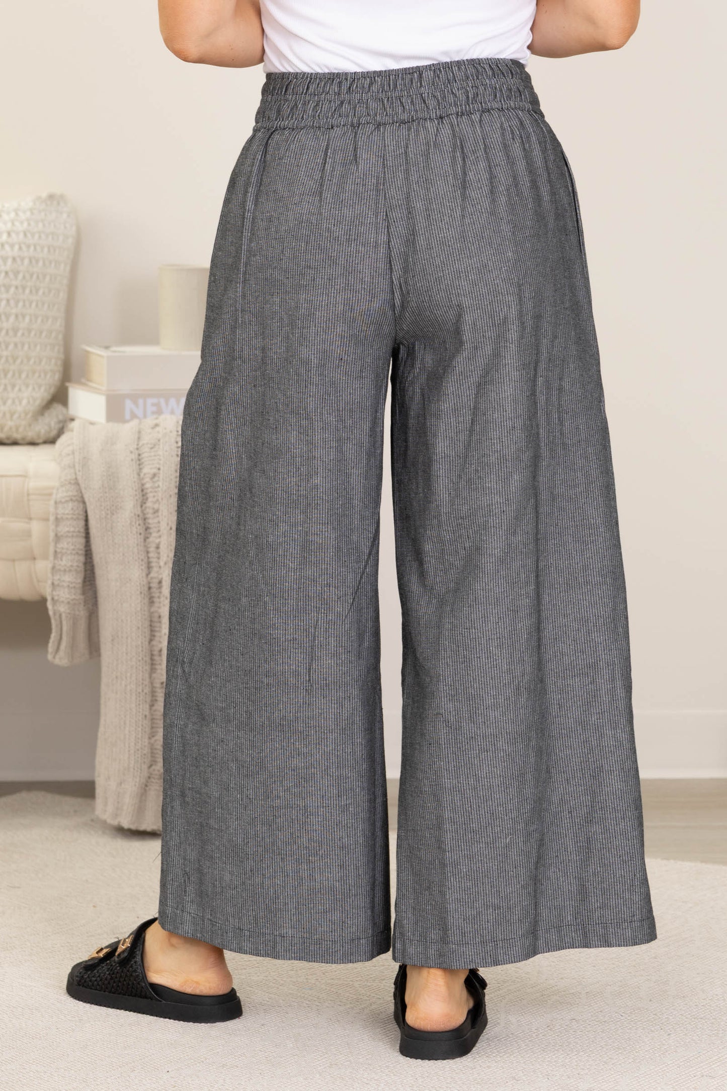 Black Soft Washed Pinstriped Wide Leg Pants