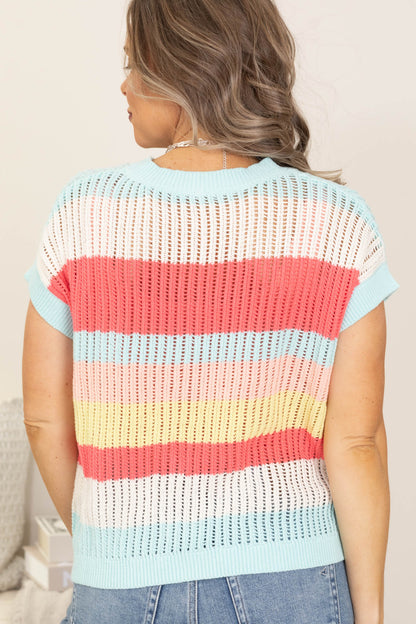 Aqua Multicolor Stripe Crochet Knit Top