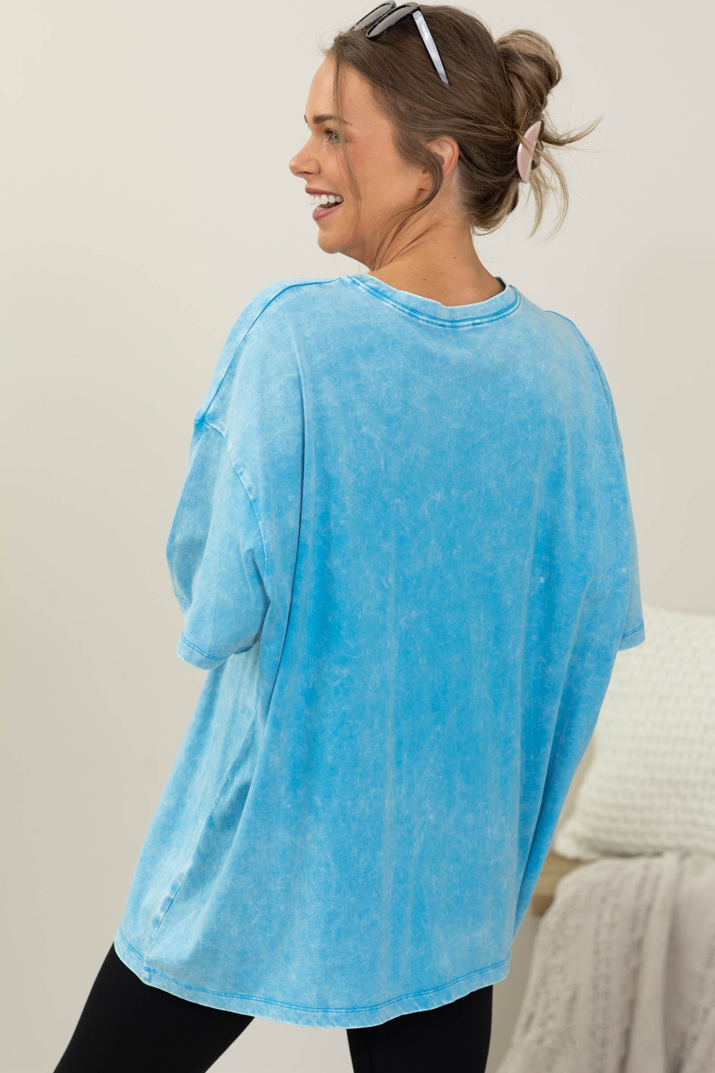 Acid Wash Cotton Drop Shoulder Boxy Knit Tee- 100% Cotton
