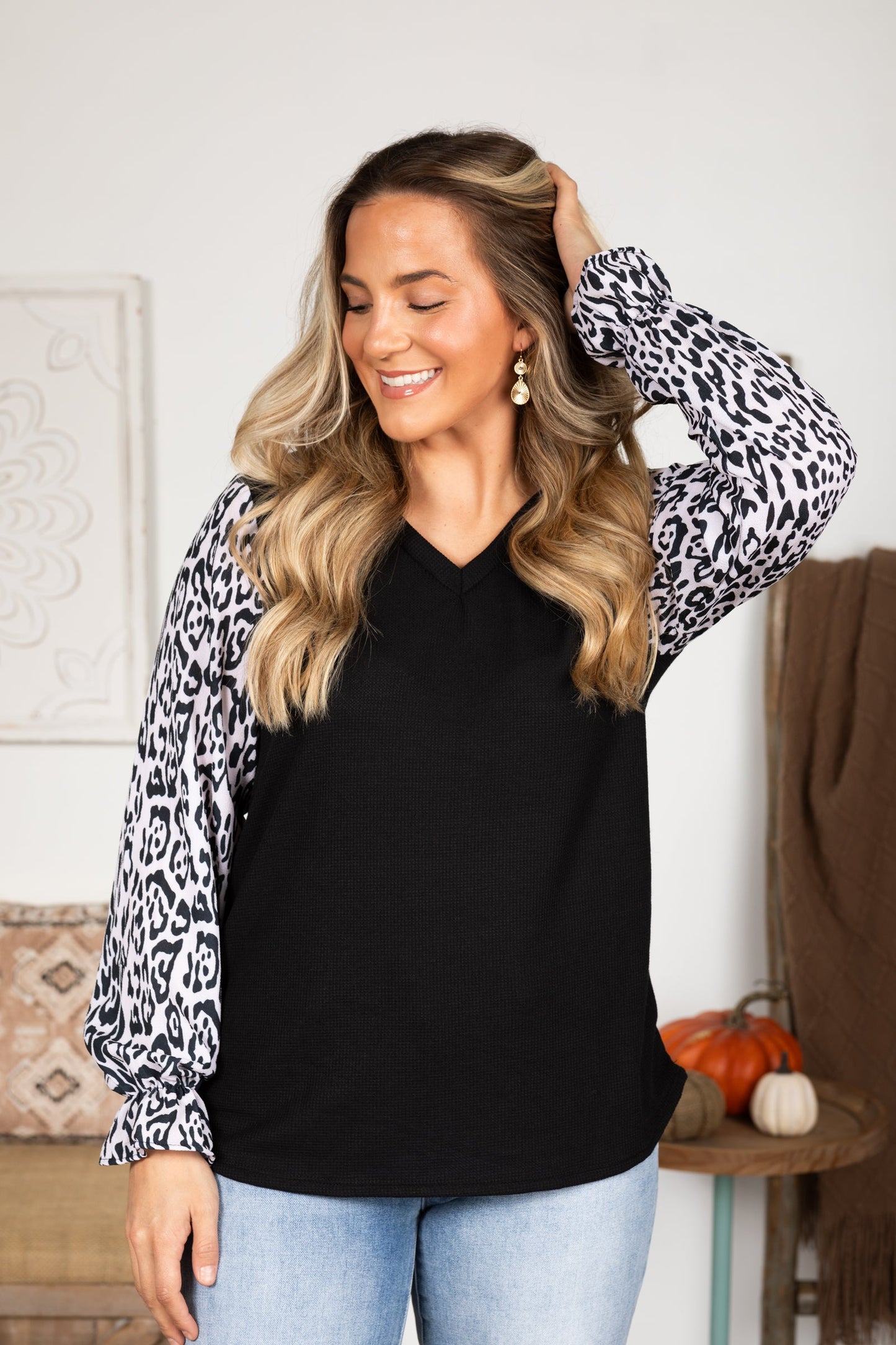 Black With Animal Print Long Sleeve Knit Top