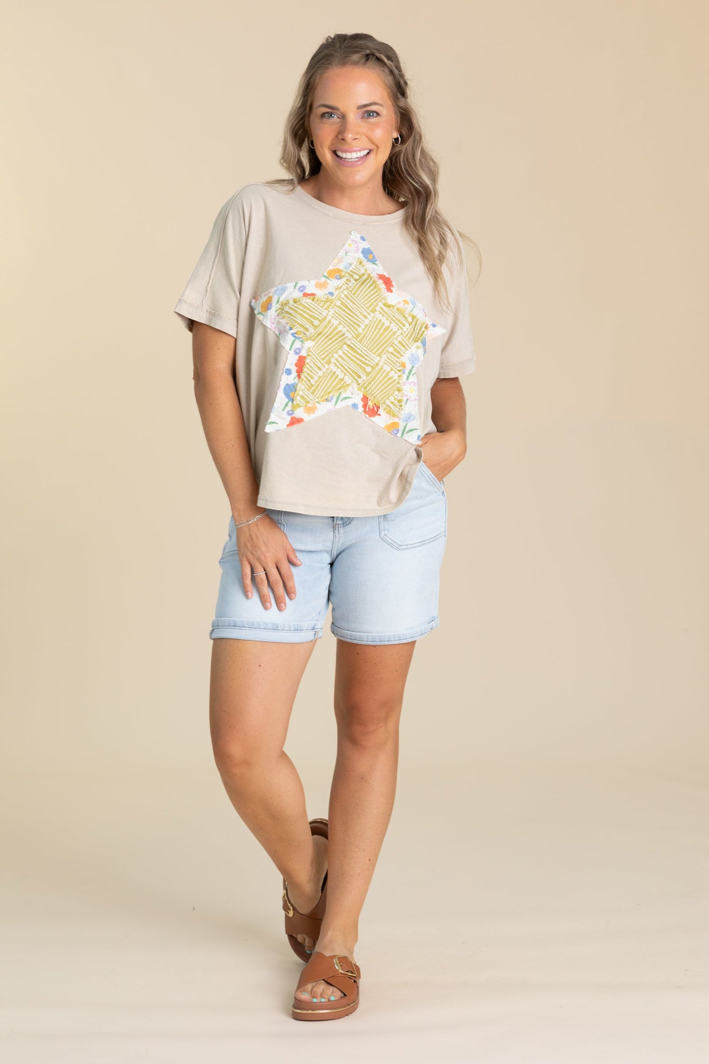 Beige Star Patch Mineral Washed Knit Top