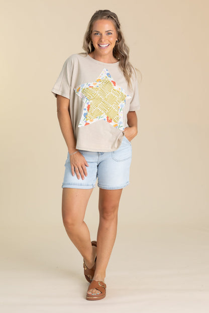 Beige Star Patch Mineral Washed Knit Top