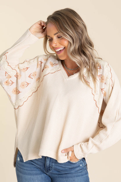 Beige Thermal Knit Top Floral Embroidery Lace