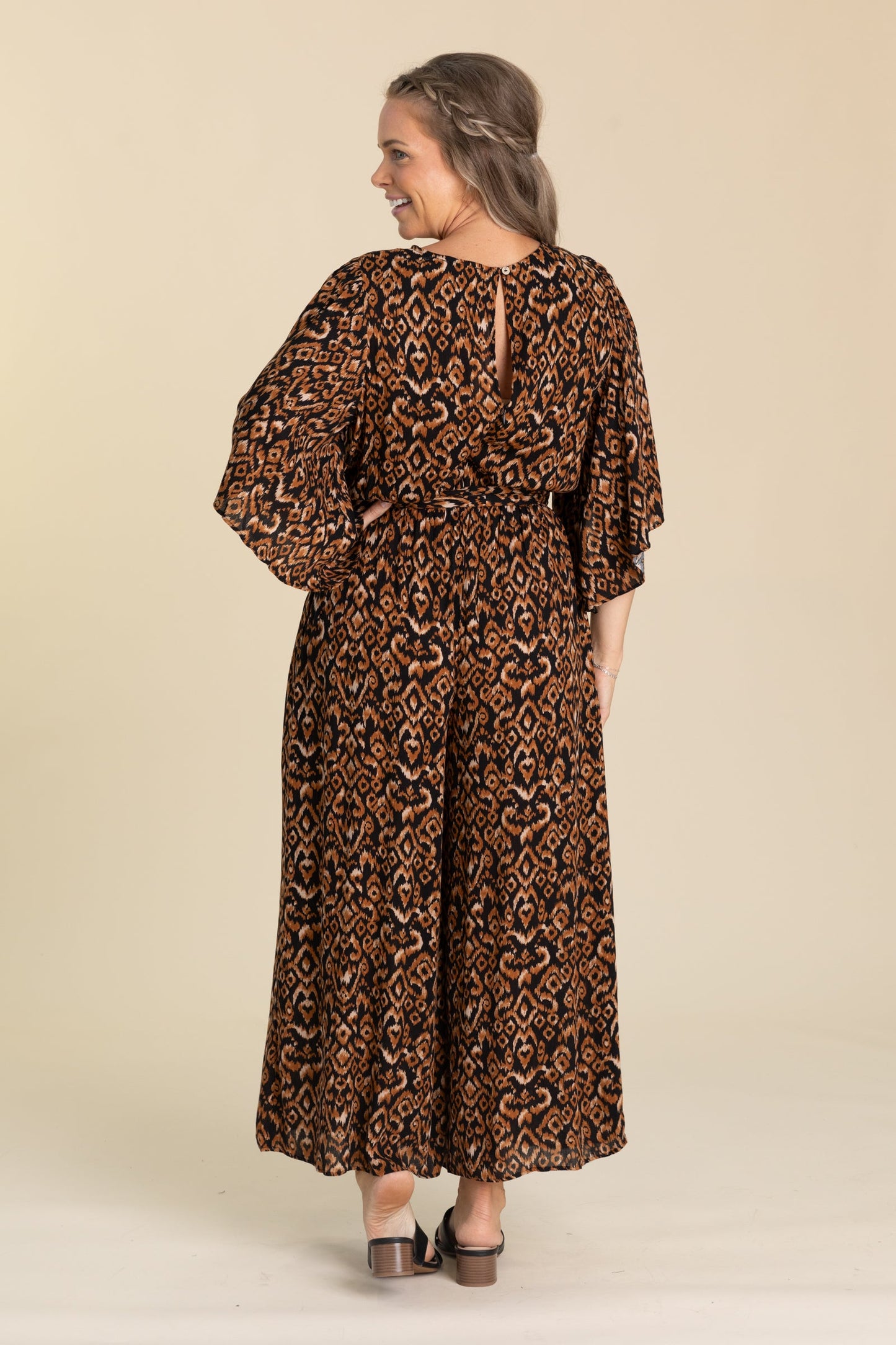 Black And Cinnamon Printed Jumpsuit With Belt