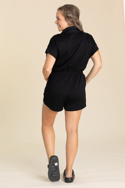 Black Luxknit Half Zip Tie Romper