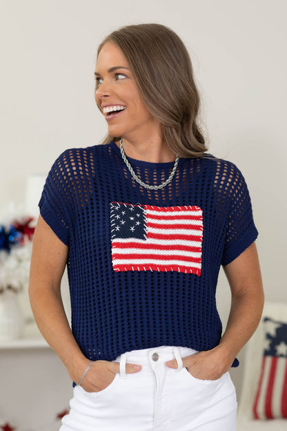 American Flag Short Sleeve Open Stitch Sweater Top