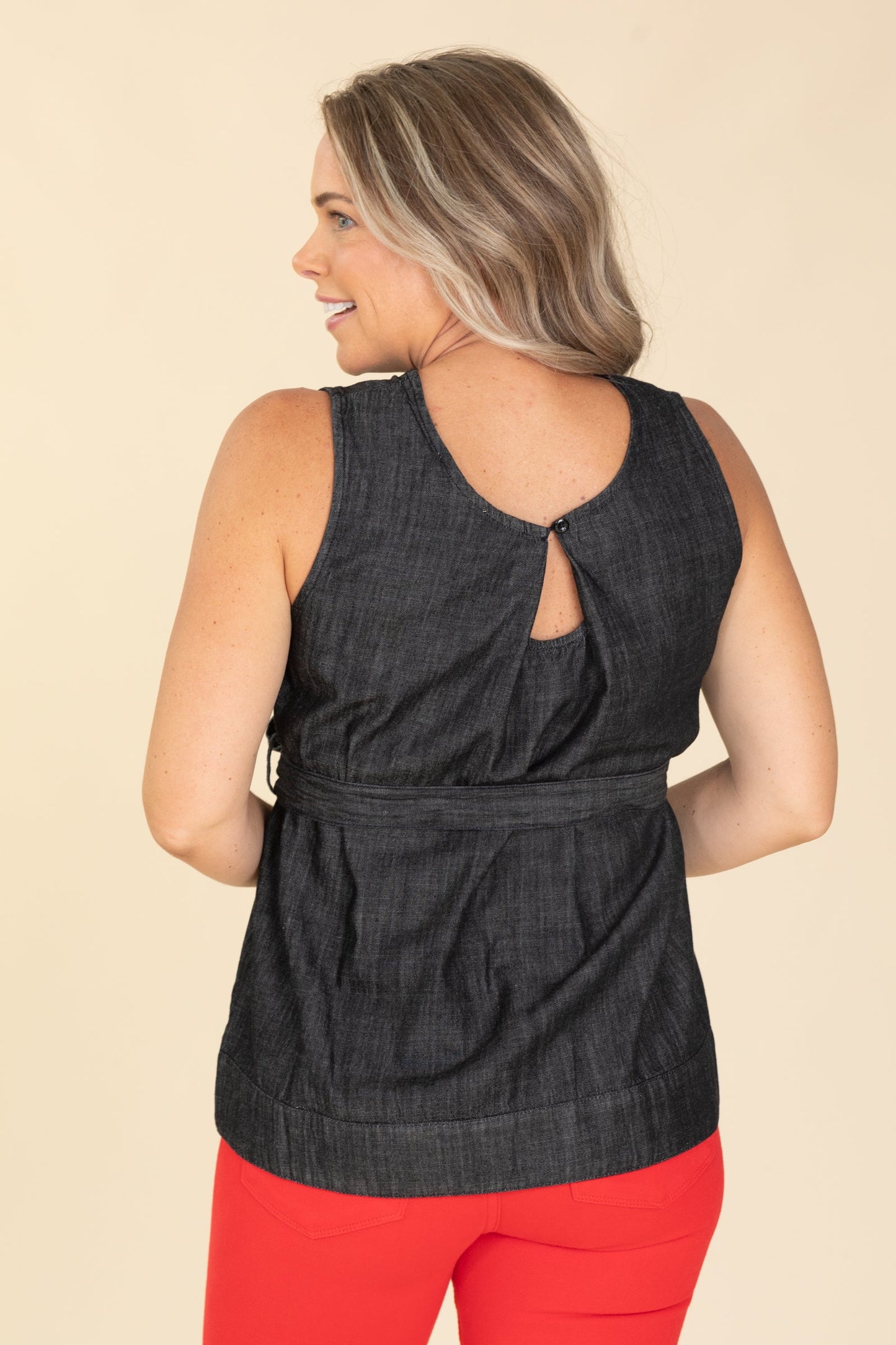 Black Denim Top With Belt Tie Waist
