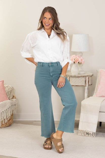 Acid Wash Frayed Hem Straight Wide Pants