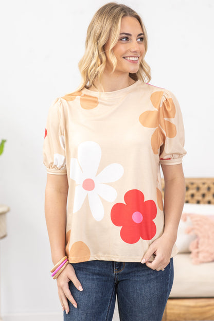 Beige Floral Bubble Short Sleeve Knit Top