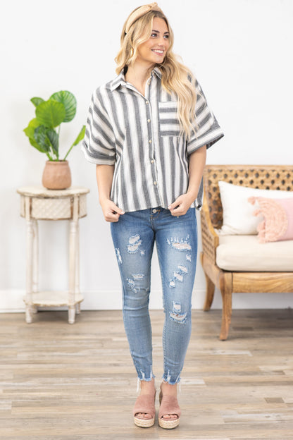 Black Stripe Dolman Sleeve Button Up Woven Top