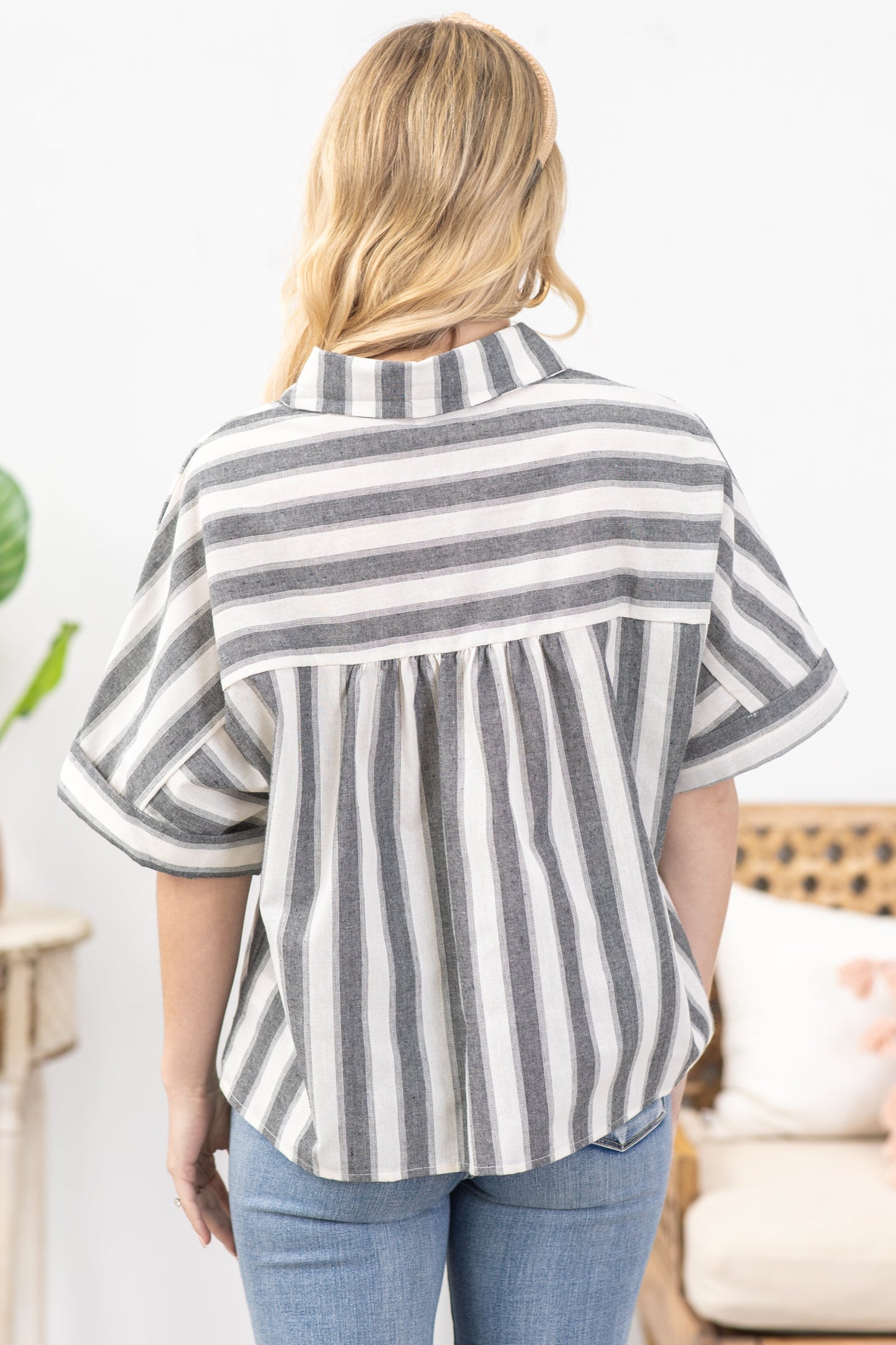 Black Stripe Dolman Sleeve Button Up Woven Top