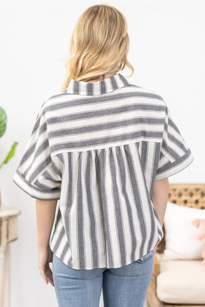 Black Stripe Dolman Sleeve Button Up Woven Top