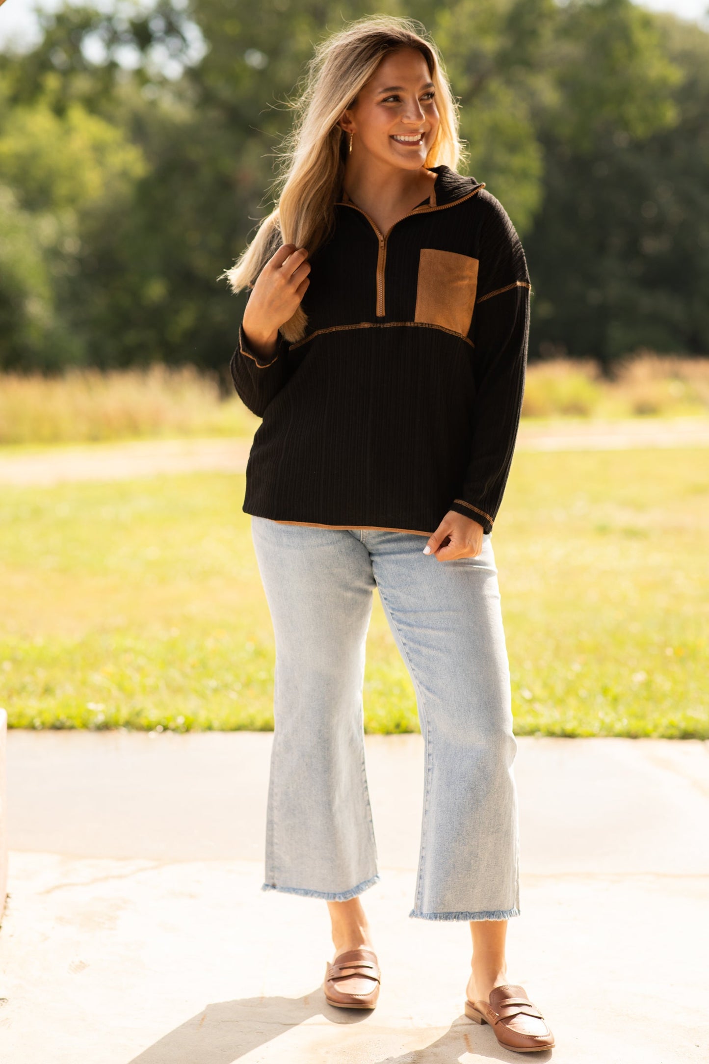 Black And Camel Ribbed Quarter Zip