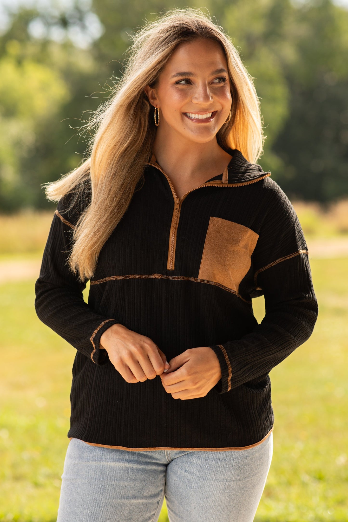 Black And Camel Ribbed Quarter Zip