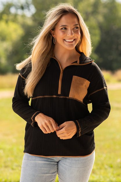 Black And Camel Ribbed Quarter Zip