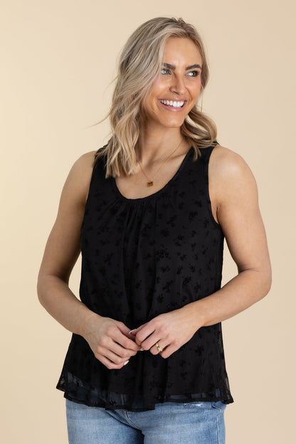 Black Woven Floral Print Mesh Tank