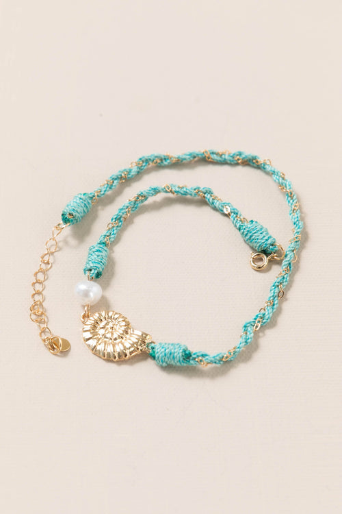 Aqua Conch Charm And Pearl Bracelet