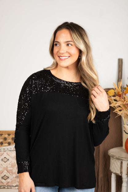 Black Sequin Long Sleeve Knit Top
