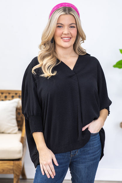 Black Airflow Top With Smocked Cuff
