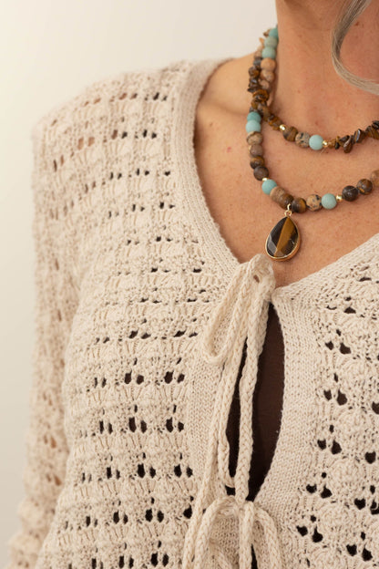 Beige Crochet Bow Tie Front Cardigan