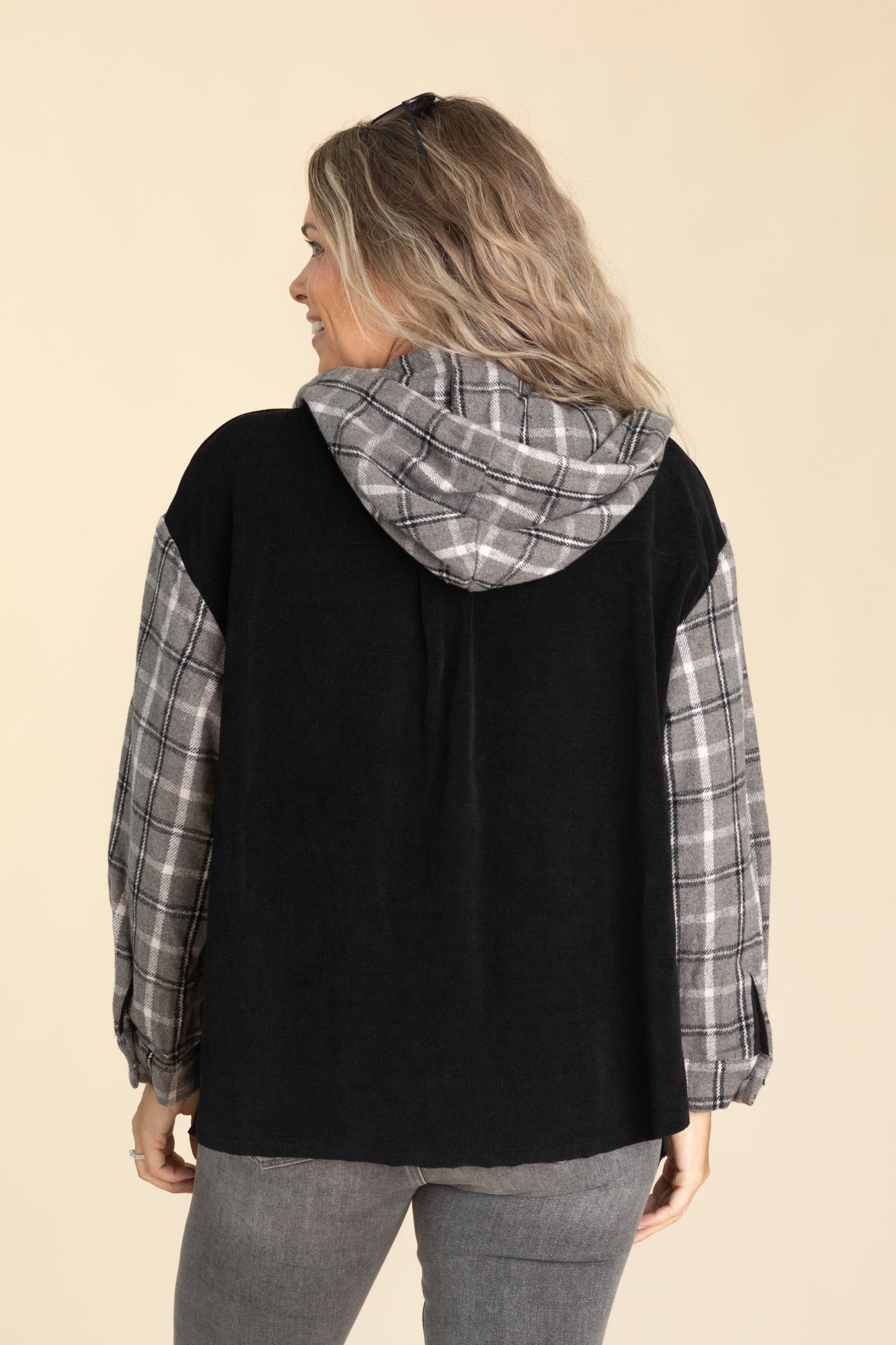 Black With Plaid Button Up Shacket