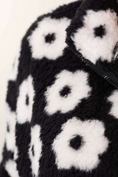 Black And White Floral Print Cozy Sherpa Jacket