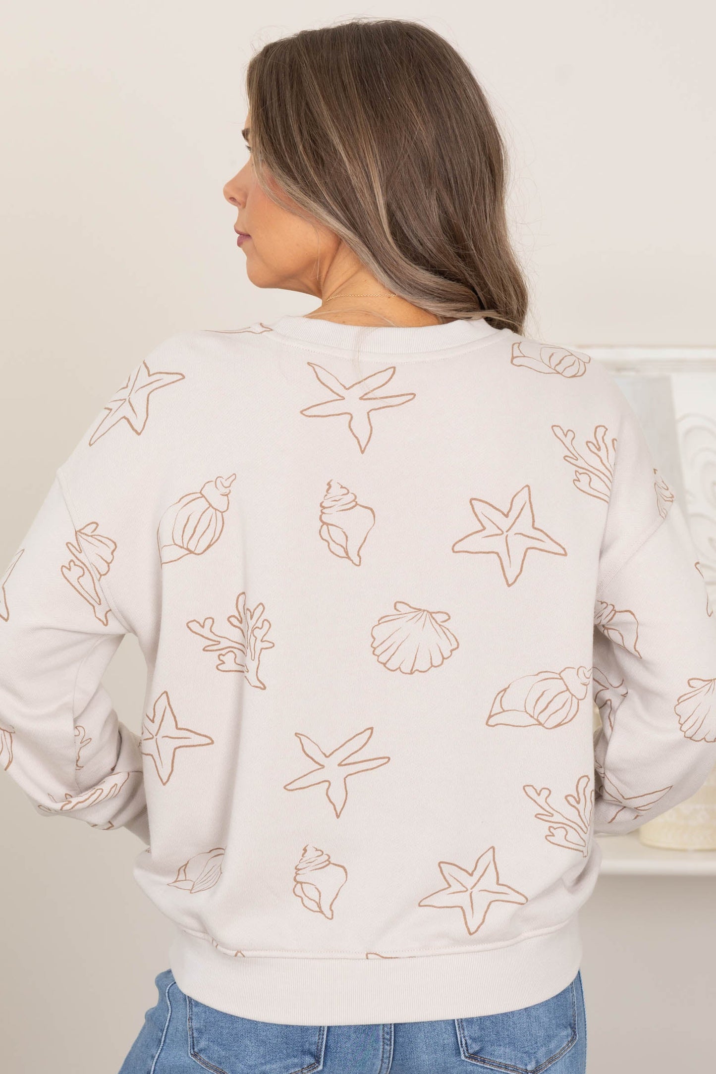 Beige Sea Print Crewneck Knit Top