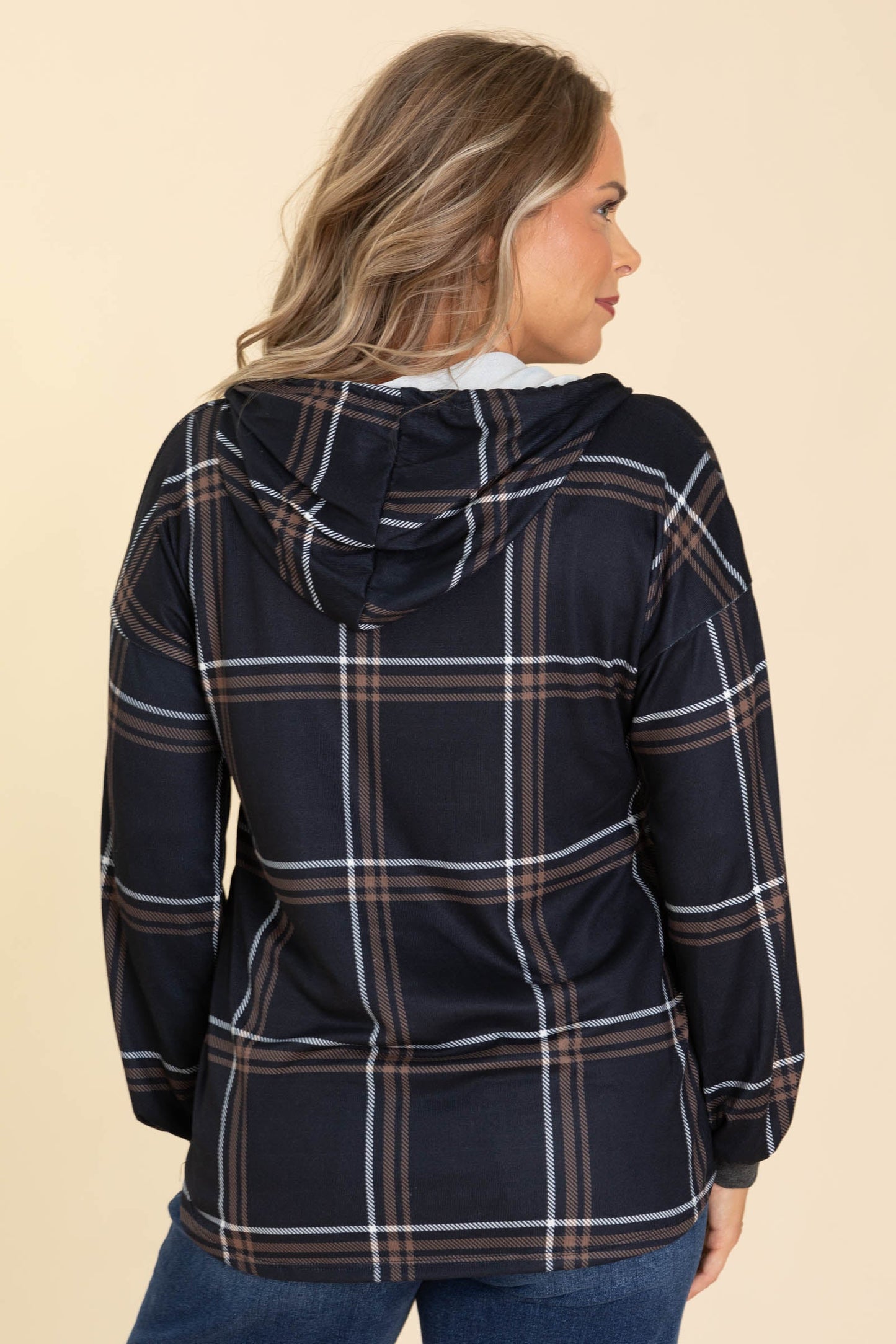 Black Plaid Drawstring Hoodie Knit Top