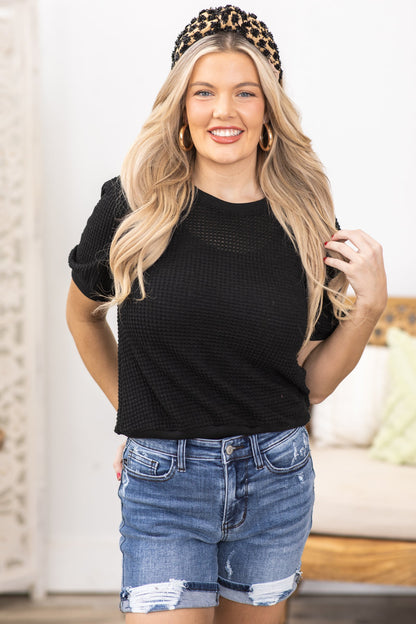 Black Waffle Puff Short Sleeve Knit Top