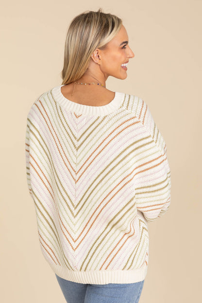 Beige Diagonal Multicolor Stripe Sweater Top