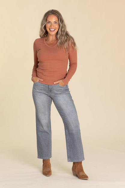 Basic Solid V-Neck Baby Ribbed Knit Tops