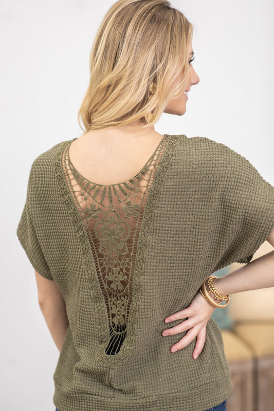 Army Green Crochet Back Waffle Knit Top