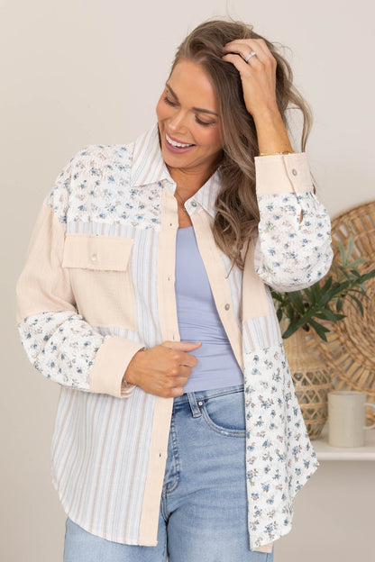 Beige Floral And Stripe Button Up Top
