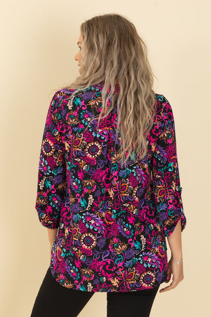 Black Bright Print Lizzy Wrinkle Free Top