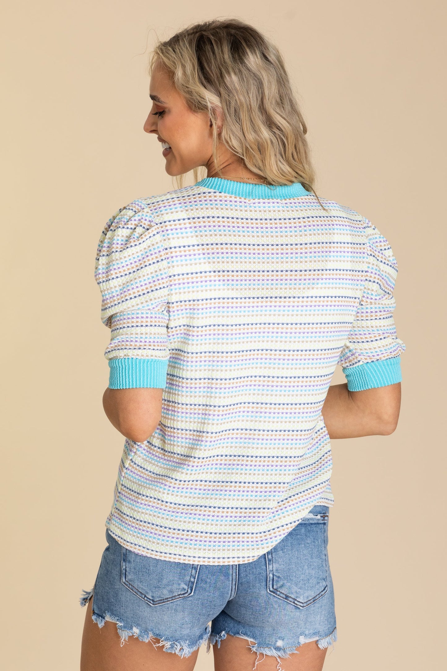 Aqua Multicolor Puffed Short Sleeve Knit Top