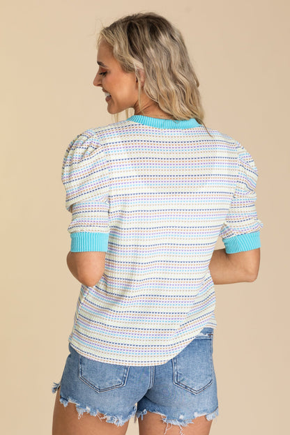 Aqua Multicolor Puffed Short Sleeve Knit Top