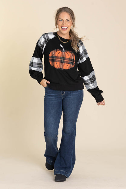 Black Combo Plaid Pumpkin Graphic Sweatshirt