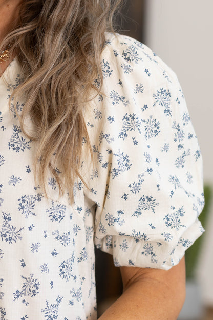 Beige Bubble Sleeves Blue Floral Printed Blouse