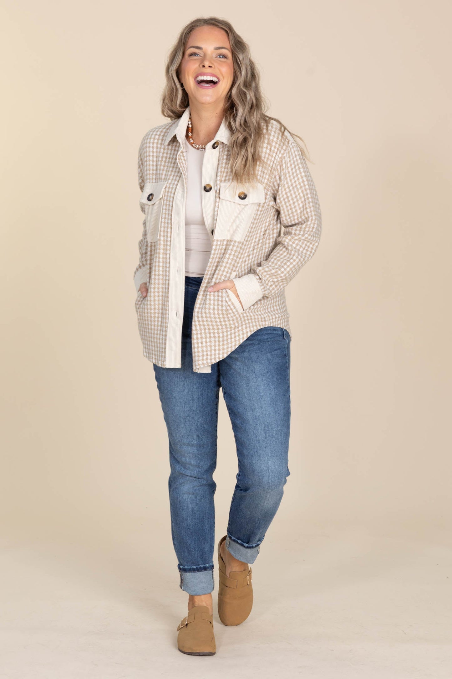 Beige Mini Checker Shacket