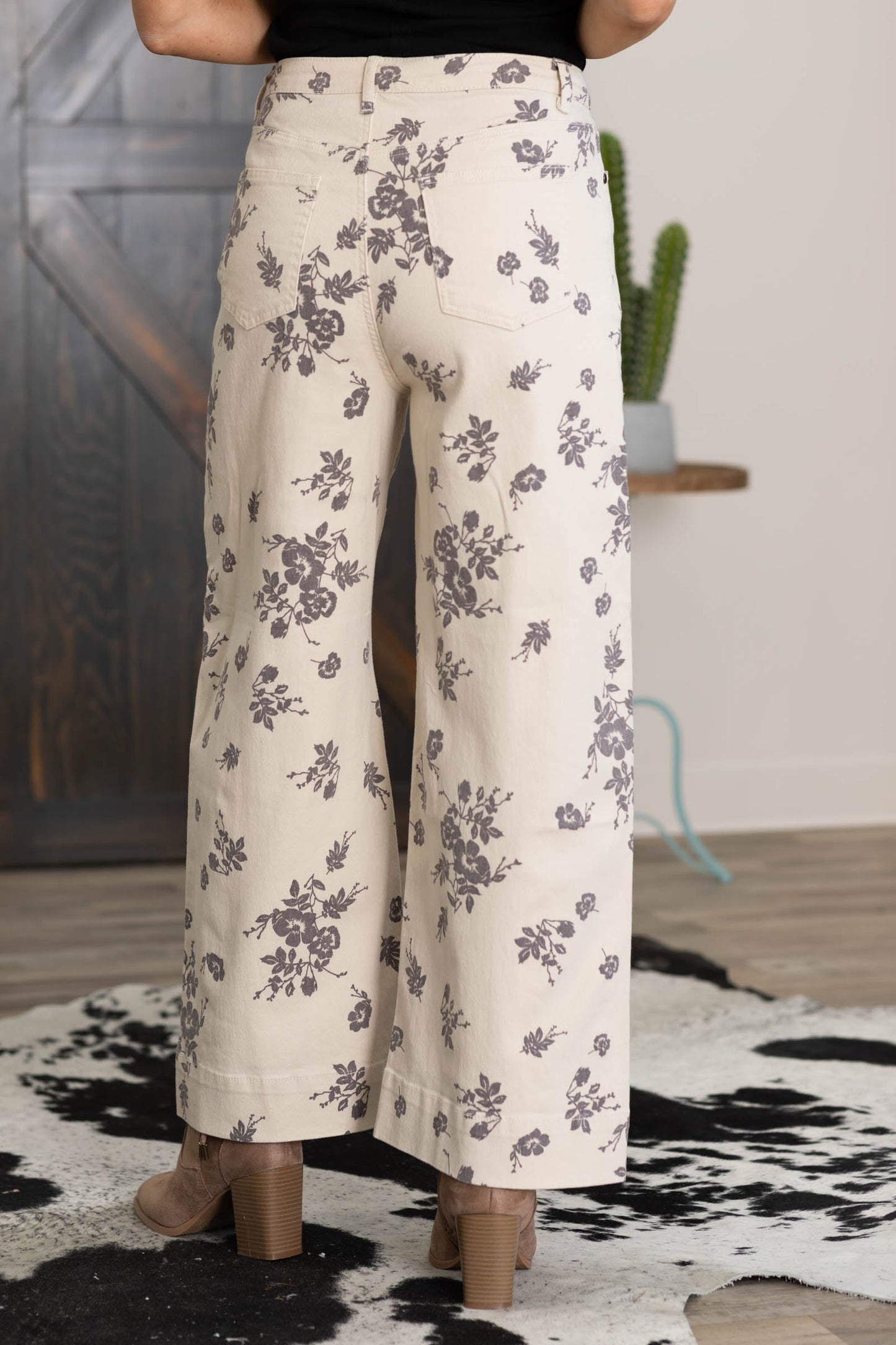 Beige Floral Printed Straight Leg Cotton Pants