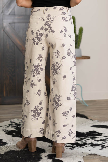 Beige Floral Printed Straight Leg Cotton Pants