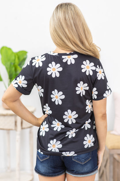 Black Daisy Flower Print Knit Top